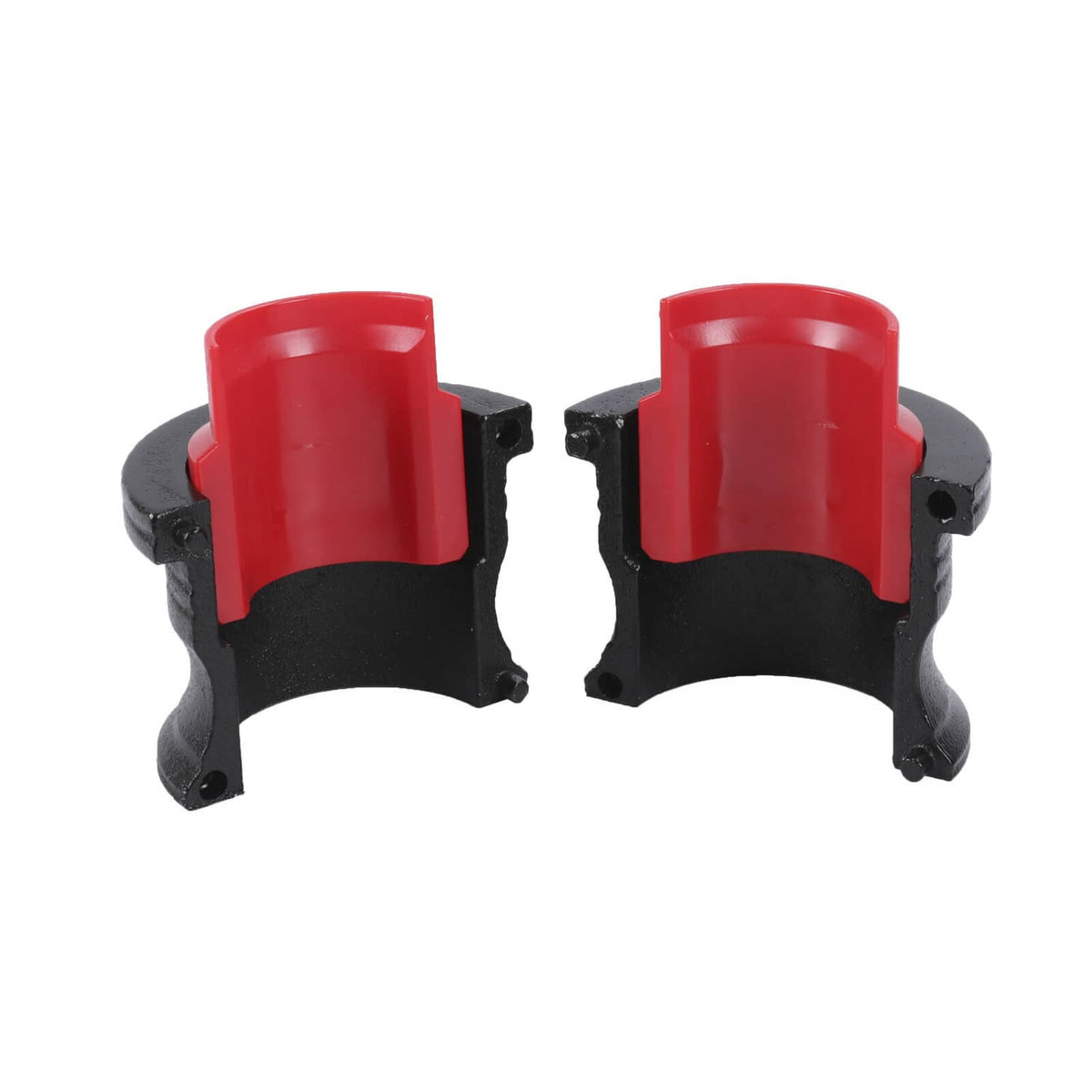 Two fork seal adapters with red flanged heads and black support bases