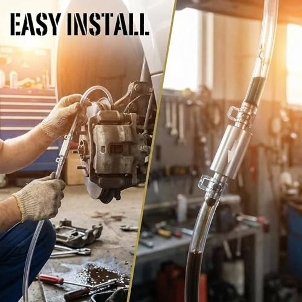 Brake bleeder kit installation: hand connects clear hose to a metal brake part