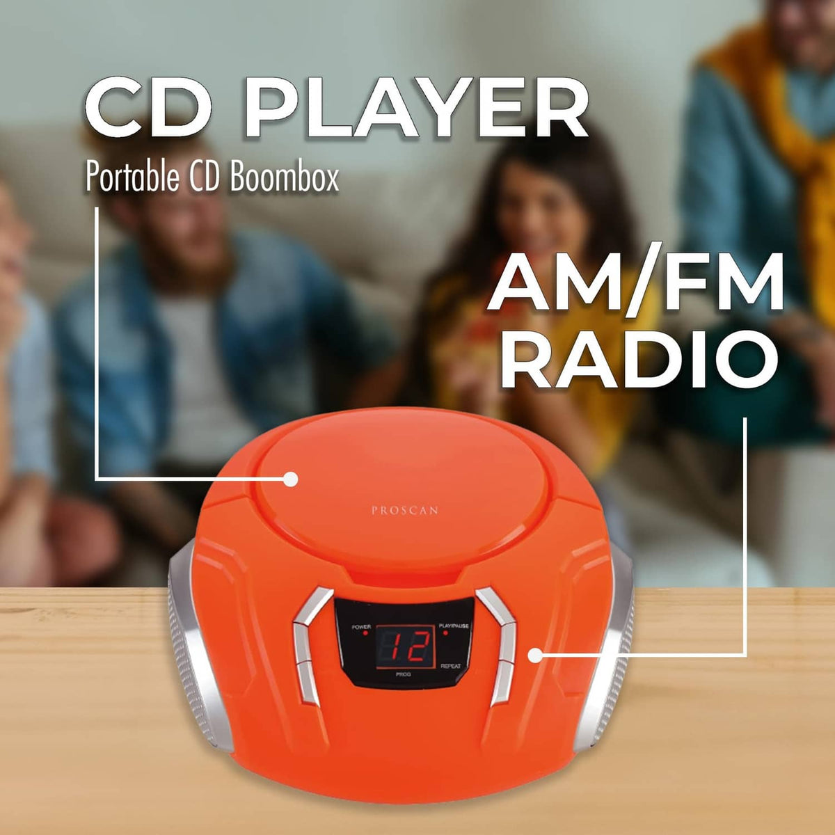 Orange portable CD player boombox showing front LCD screen and chrome speaker handles