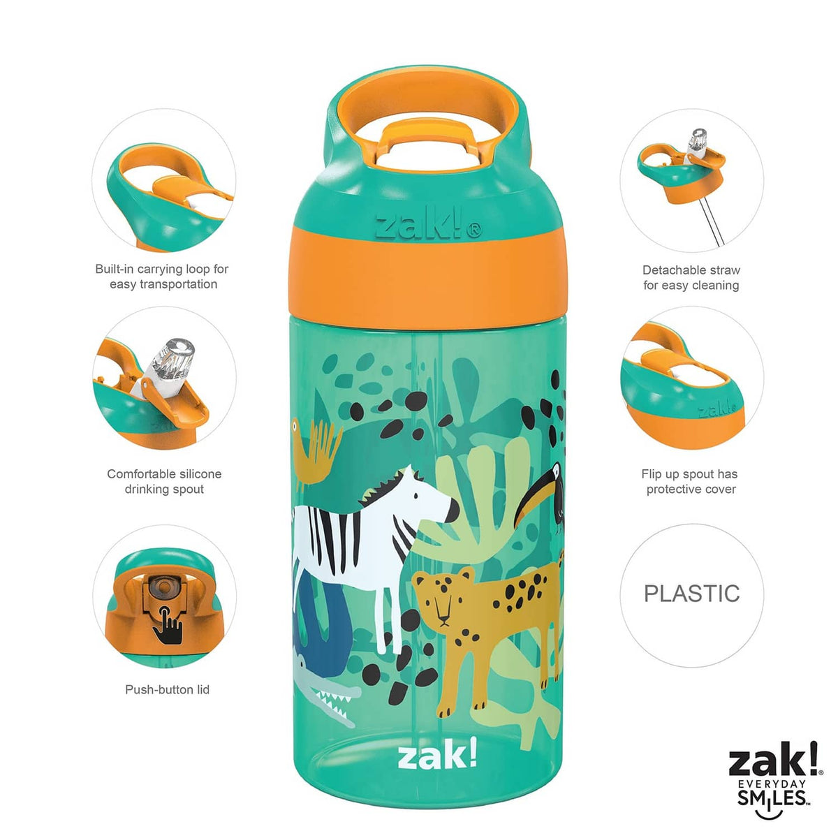 Kids water bottle with flip spout lid, detachable straw, and protective cover