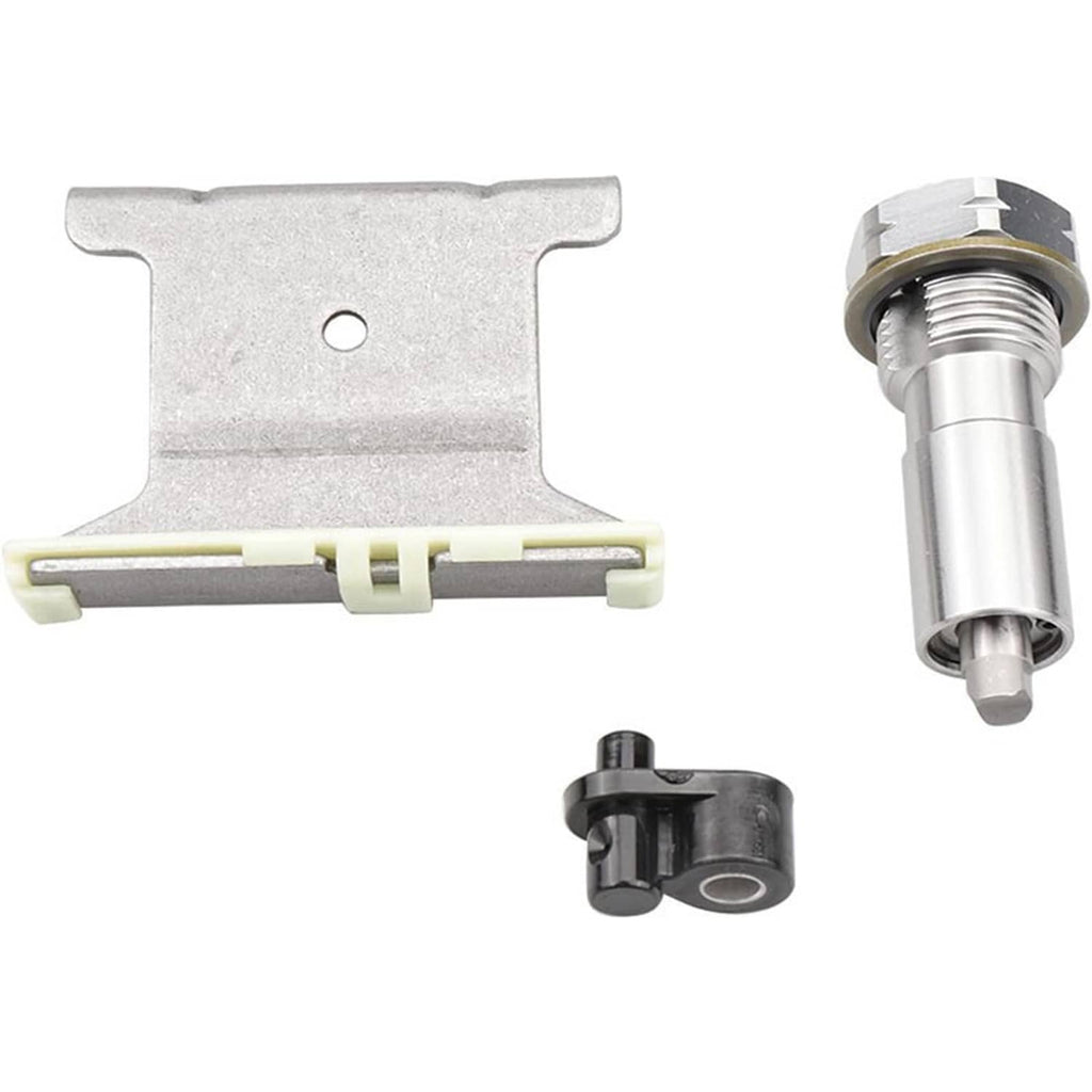 Timing chain kit tensioner and guide bracket with metal body and white plastic tabs