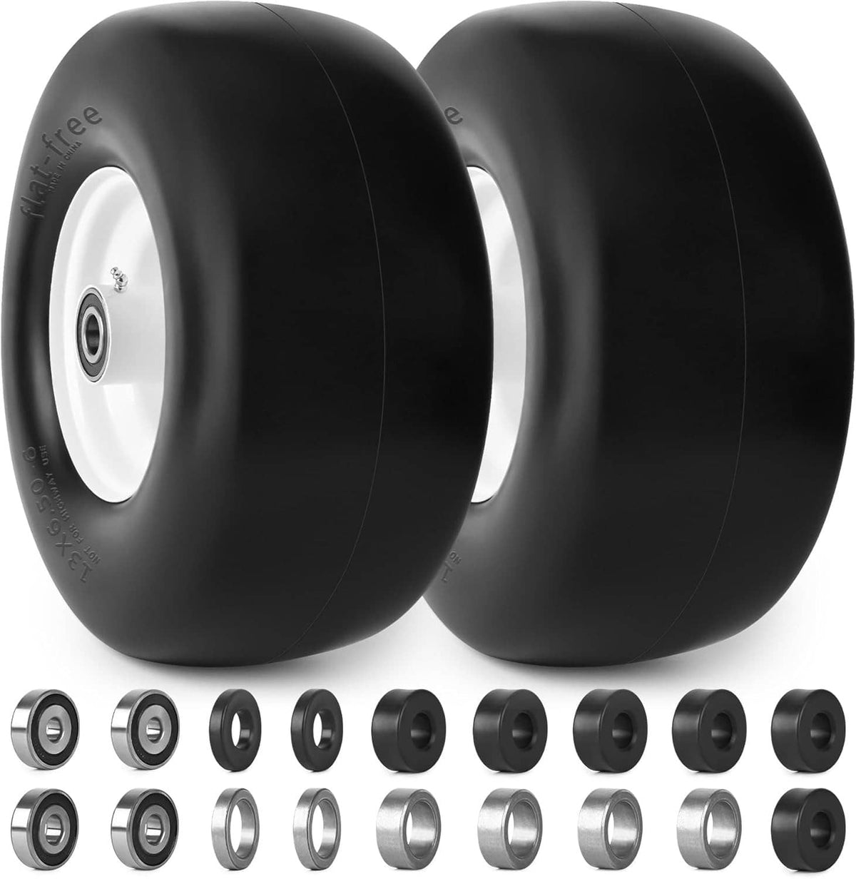Flat-free lawn mower tire pair with wheels and bearings, black tires with white rims.