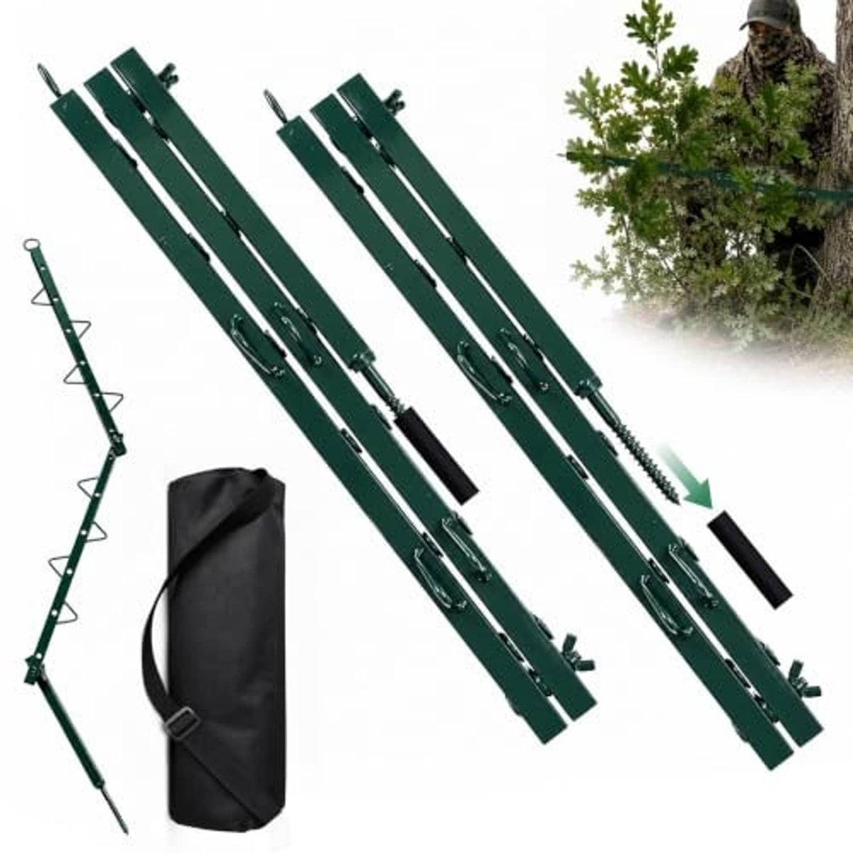 Two green foldable hunting stands with camouflage rails and black storage bag