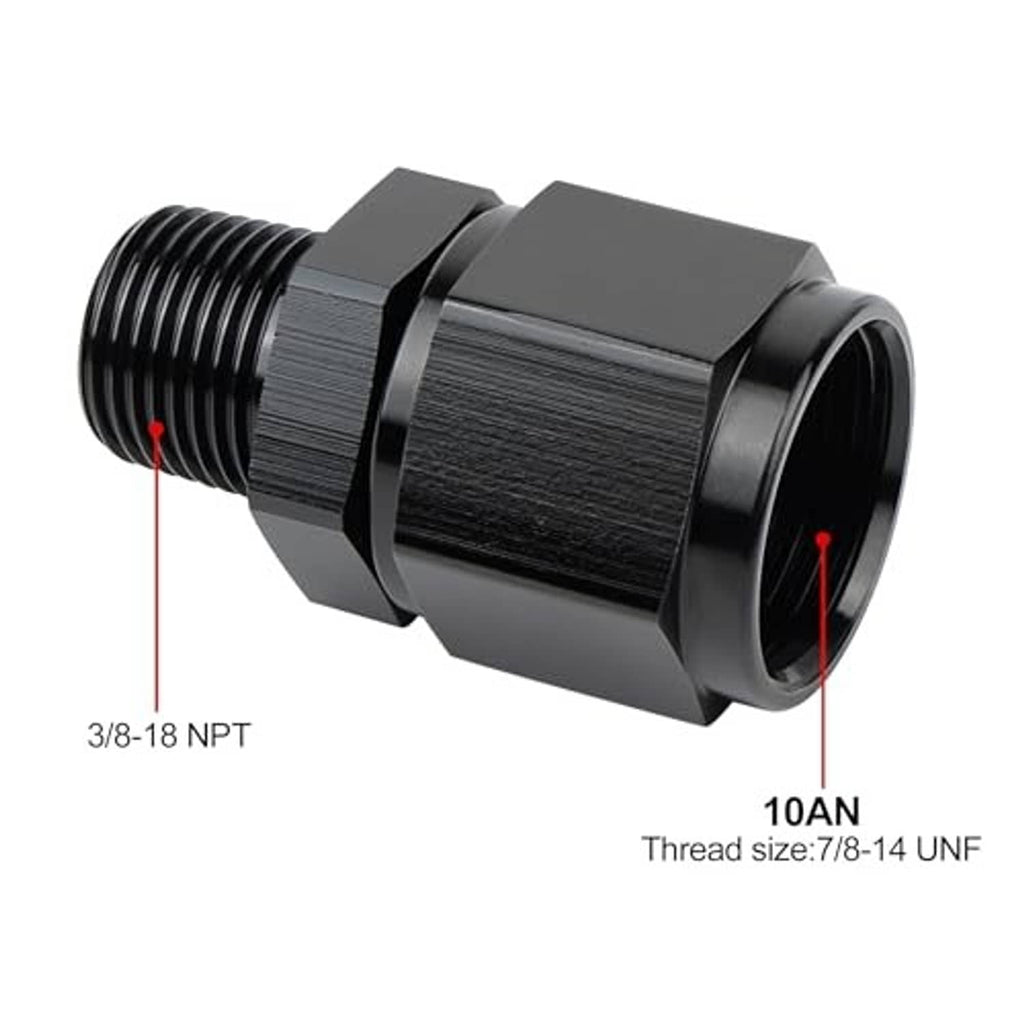 Aluminum 10AN to 3/8 NPT male swivel fitting, black finish, side profile view