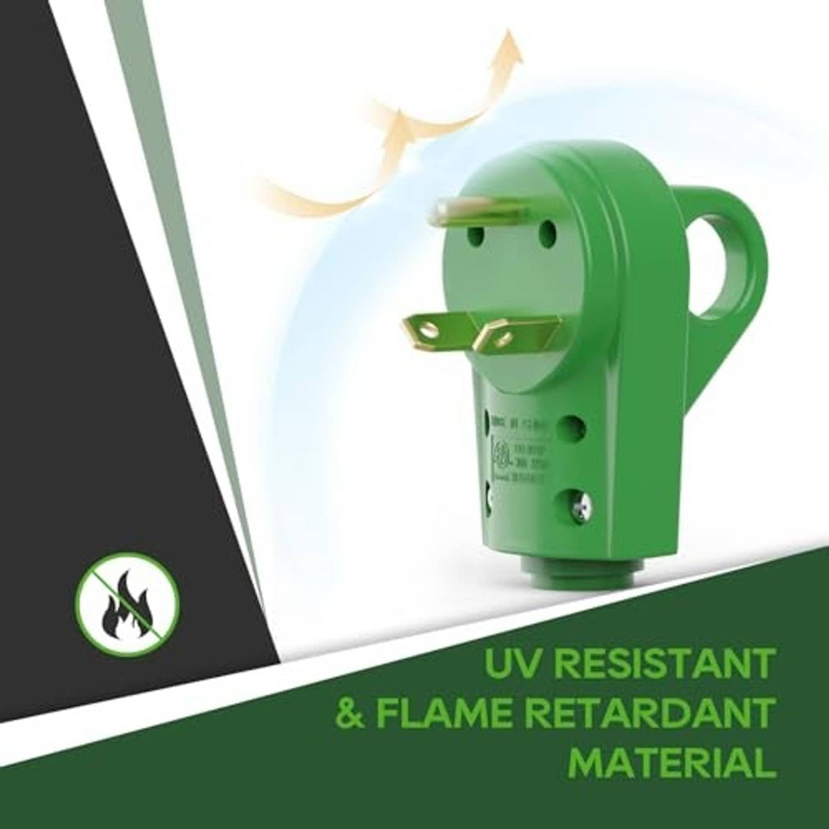Green NEMA TT-30P RV plug with metal blades and grounding pin