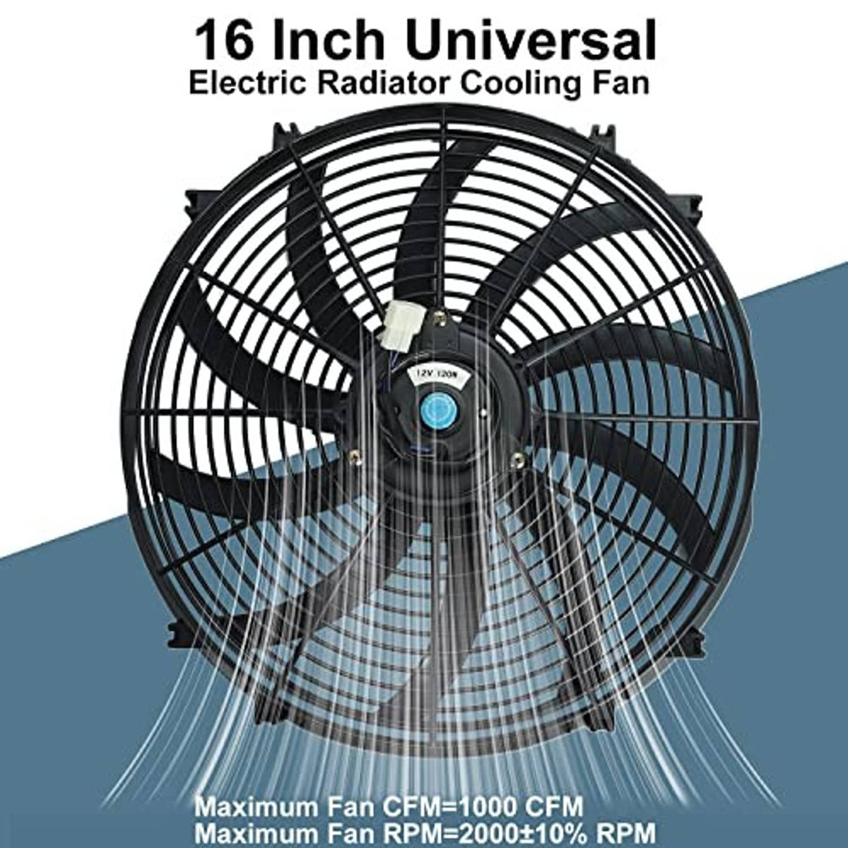 Electric radiator cooling fan with black grille, center motor hub, and cooling blades