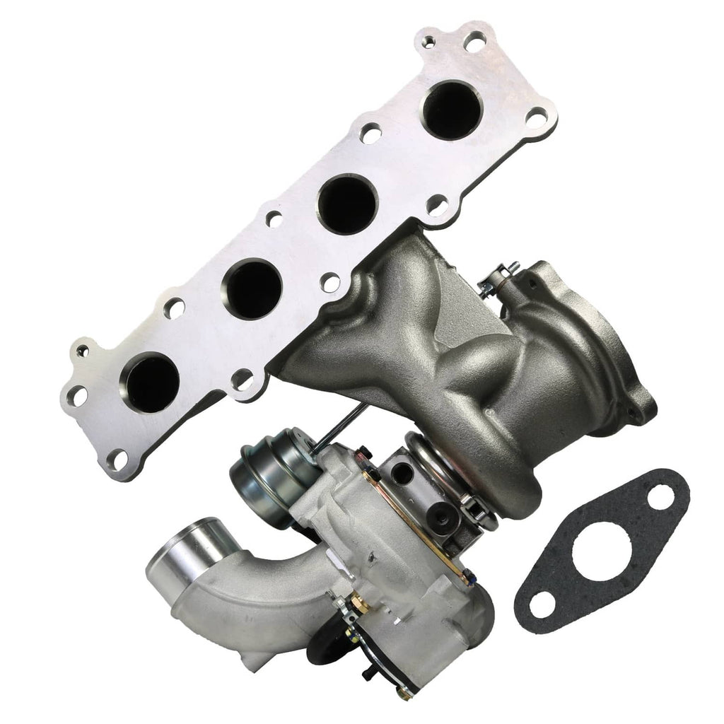 Turbocharger assembly with metal inlet flange and gasket, dark cast housing and piping.