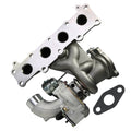 Turbocharger assembly with metal inlet flange and gasket, dark cast housing and piping.