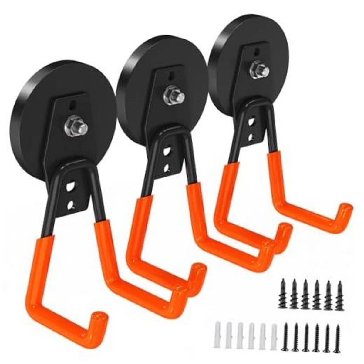 Set of 3 heavy-duty magnetic hooks with black round bases and orange U-shaped hangers