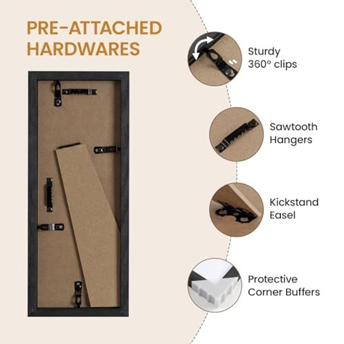 Black 4x11 photo frame showing back hardware clips and sawtooth hangers