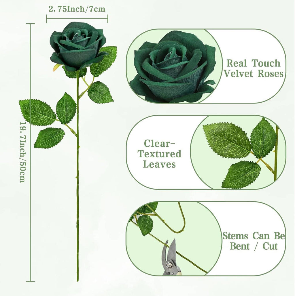 Artificial velvet dark green rose set with leaves and size diagram on a white card