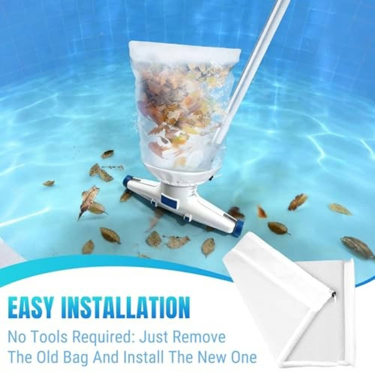 White pool vacuum filter bag filled with leaves and debris on the cleaner head