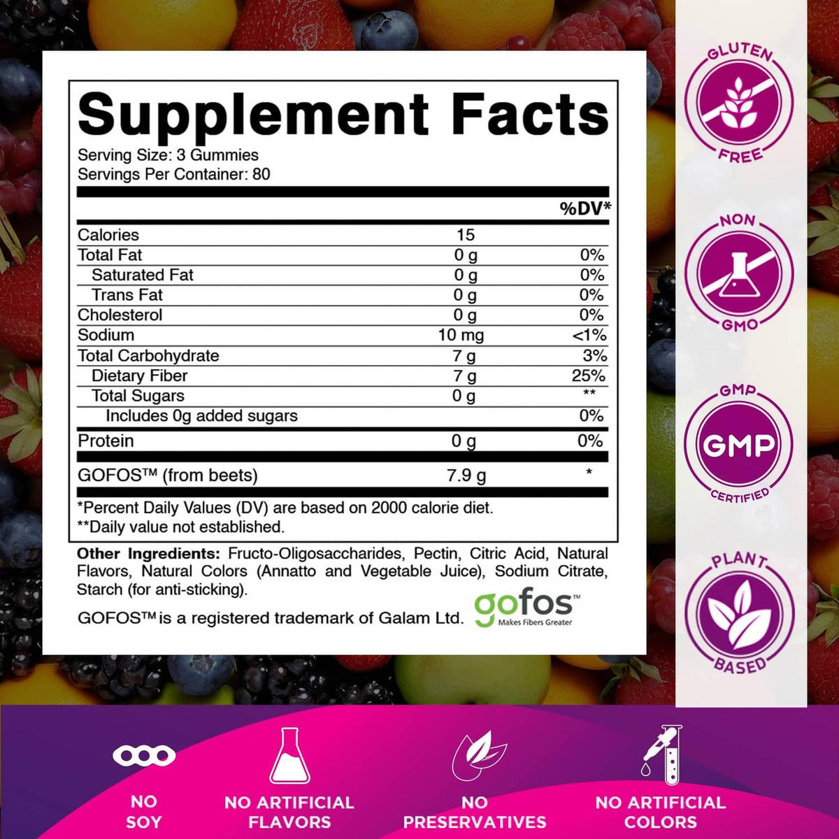Supplement facts panel on Vitamatic fiber 7g gummy bottle, with seal icons