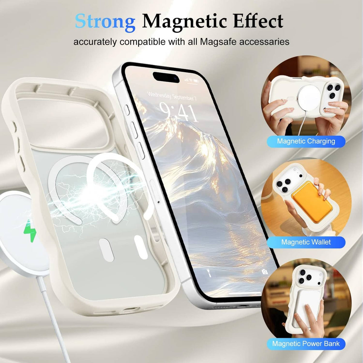Stone cream phone case with thick protection and curved wavy design