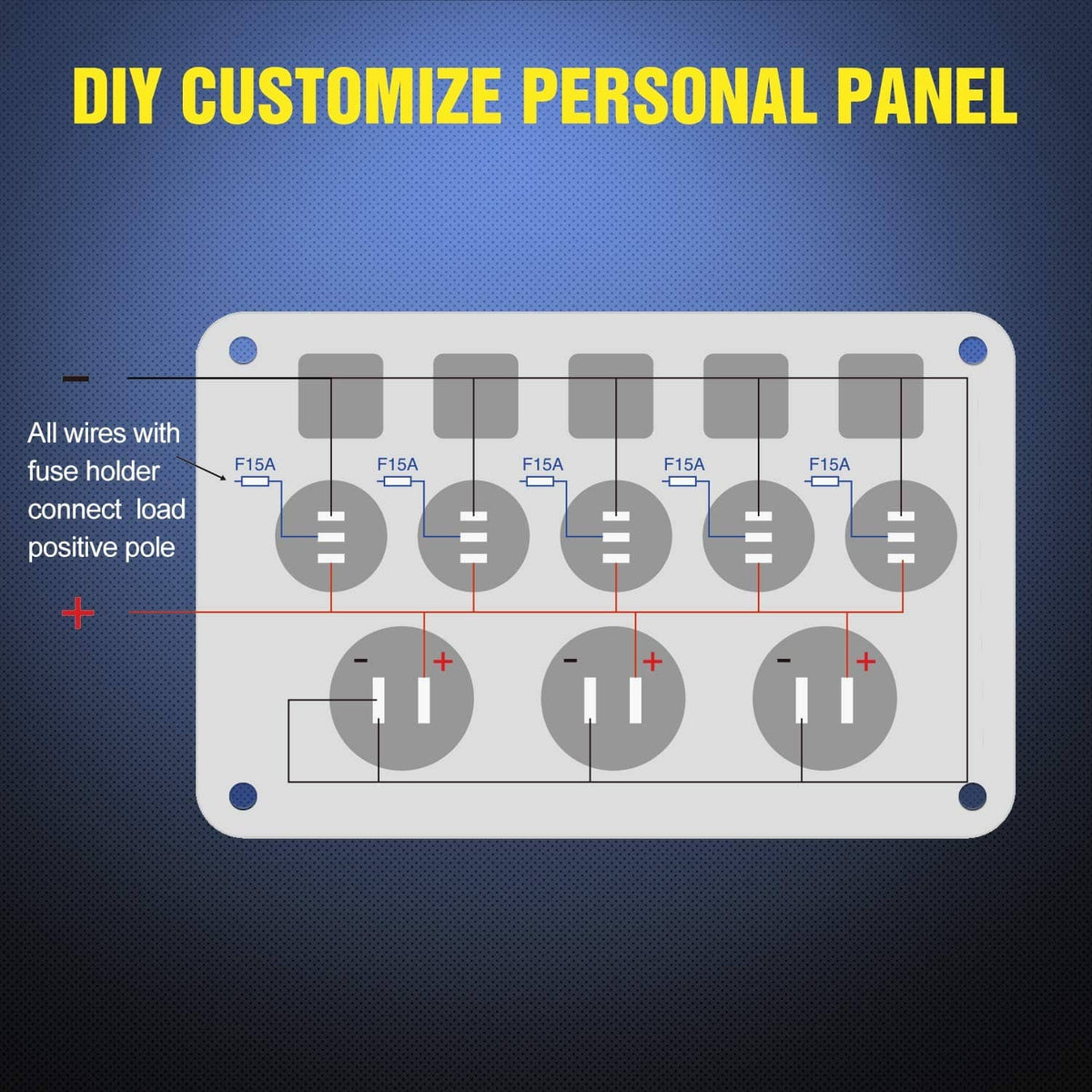 DIY wiring diagram for rocker switch panel with fuse holders and positive/negative connections