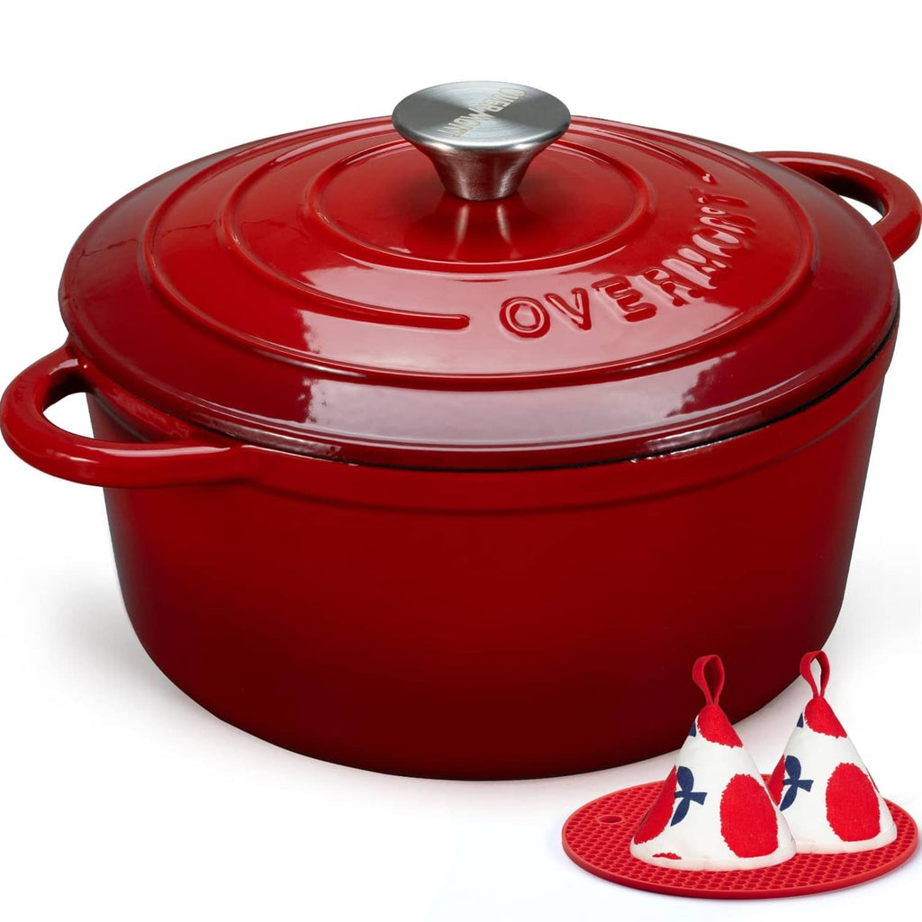 Cherry red enameled cast iron Dutch oven with domed lid and side handles