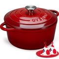 Cherry red enameled cast iron Dutch oven with domed lid and side handles