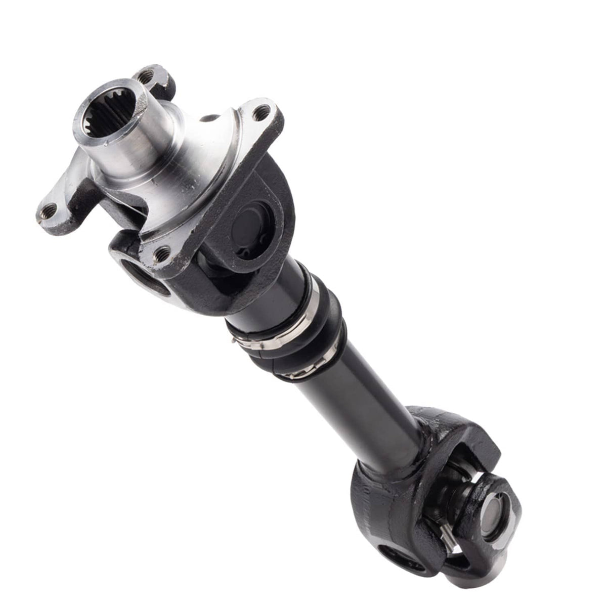Rear prop drive shaft assembly with flanged end and black rubber coupler