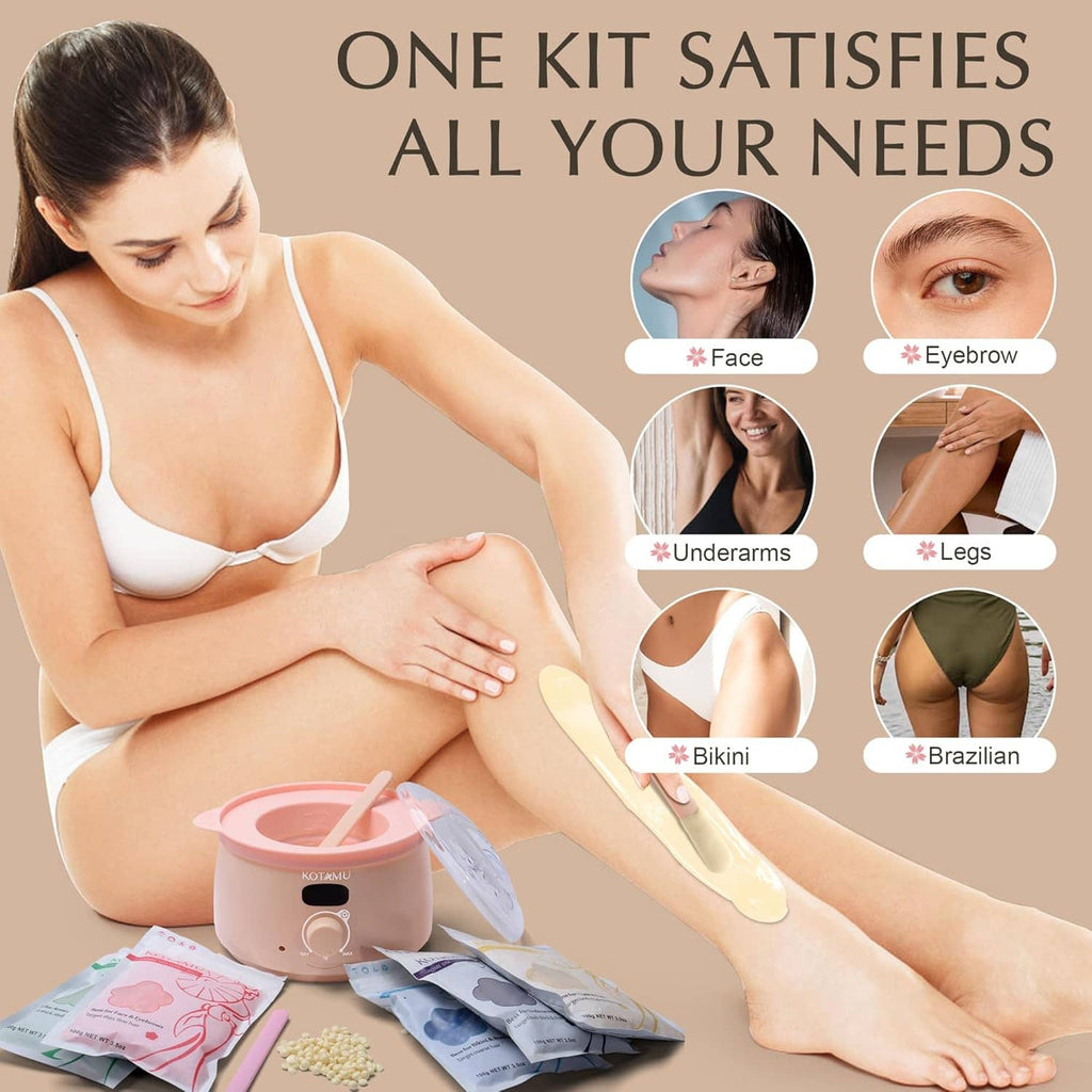 KOTAMU home waxing kit with compact wax warmer, silicone pot, wax sticks, and instructions