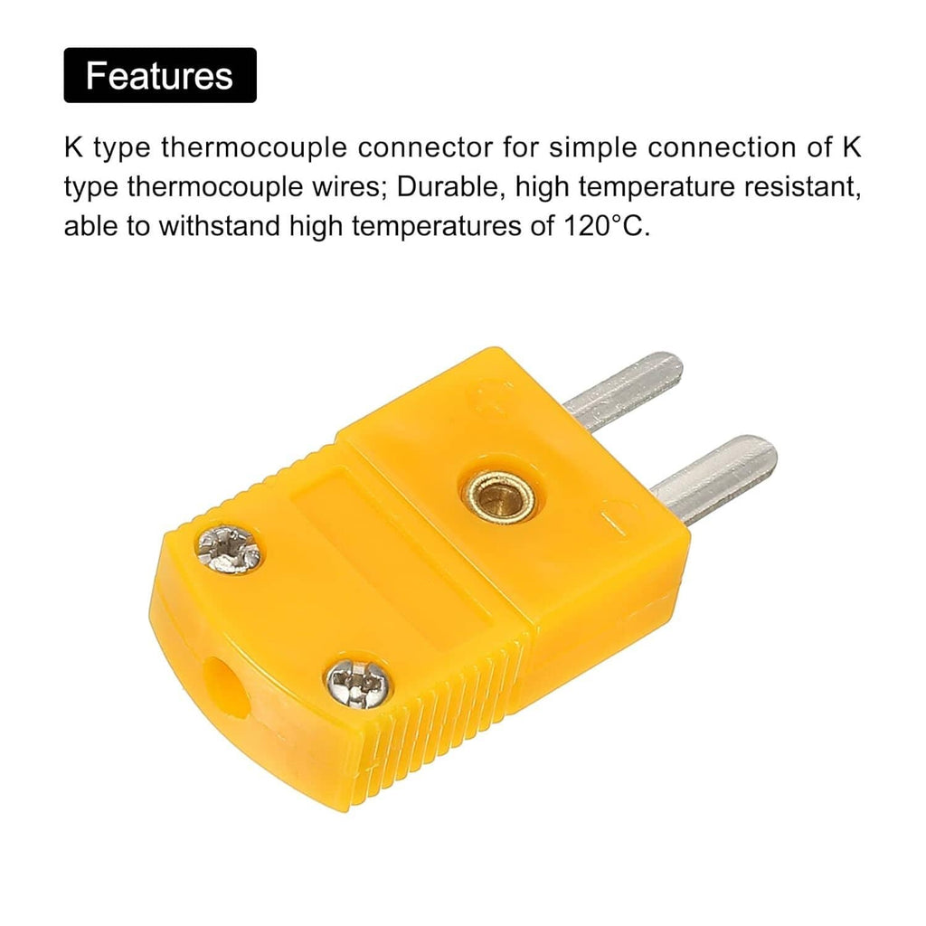 Orange K-type thermocouple connector with two fork pins and screw terminal plates