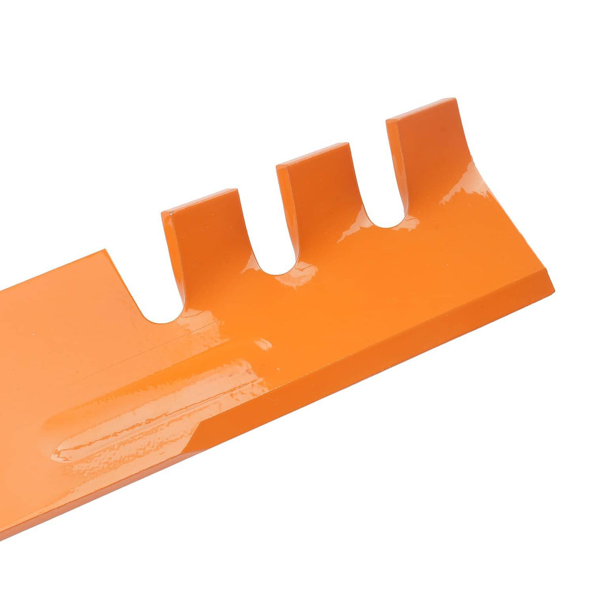 Orange steel deck blade end with multiple V-shaped notches and mounting center hole