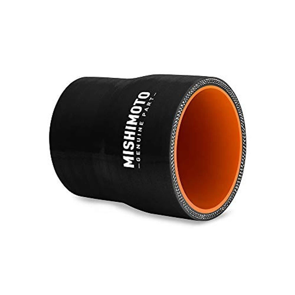Black silicone transition coupler, angled; MISHIMOTO logo and orange inside