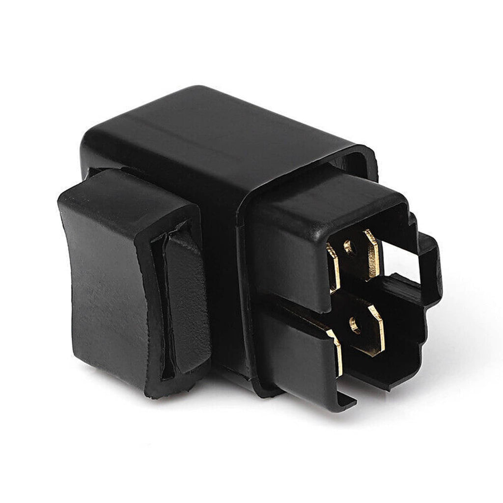 Fuel pump fan off relay, angled connector view with gold pin terminals