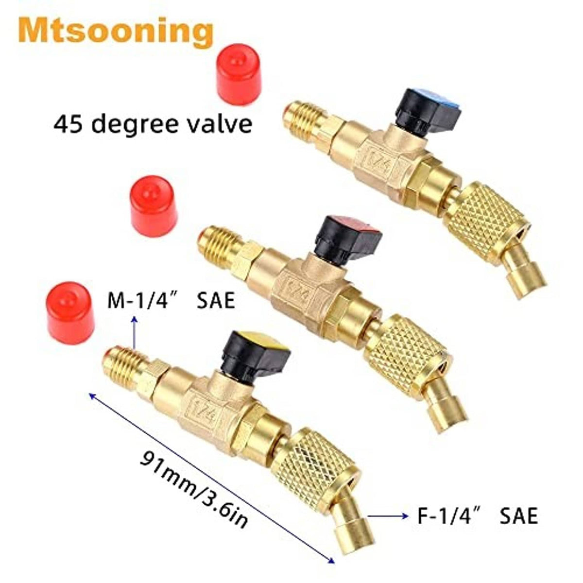 45-degree brass valve core remover installer tool with red and black protective caps