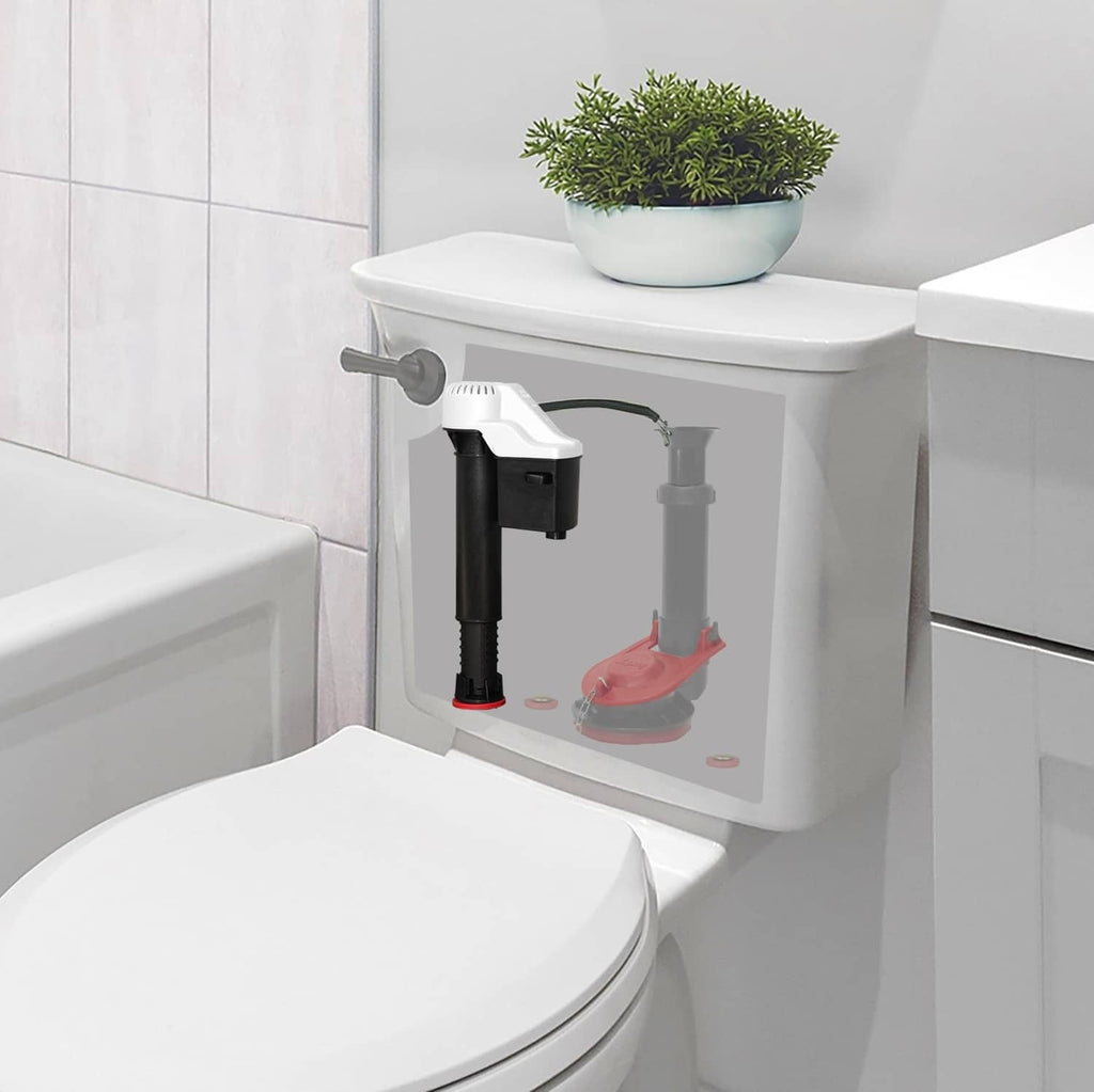 Toilet fill valve installed on tank, white top and black valve body