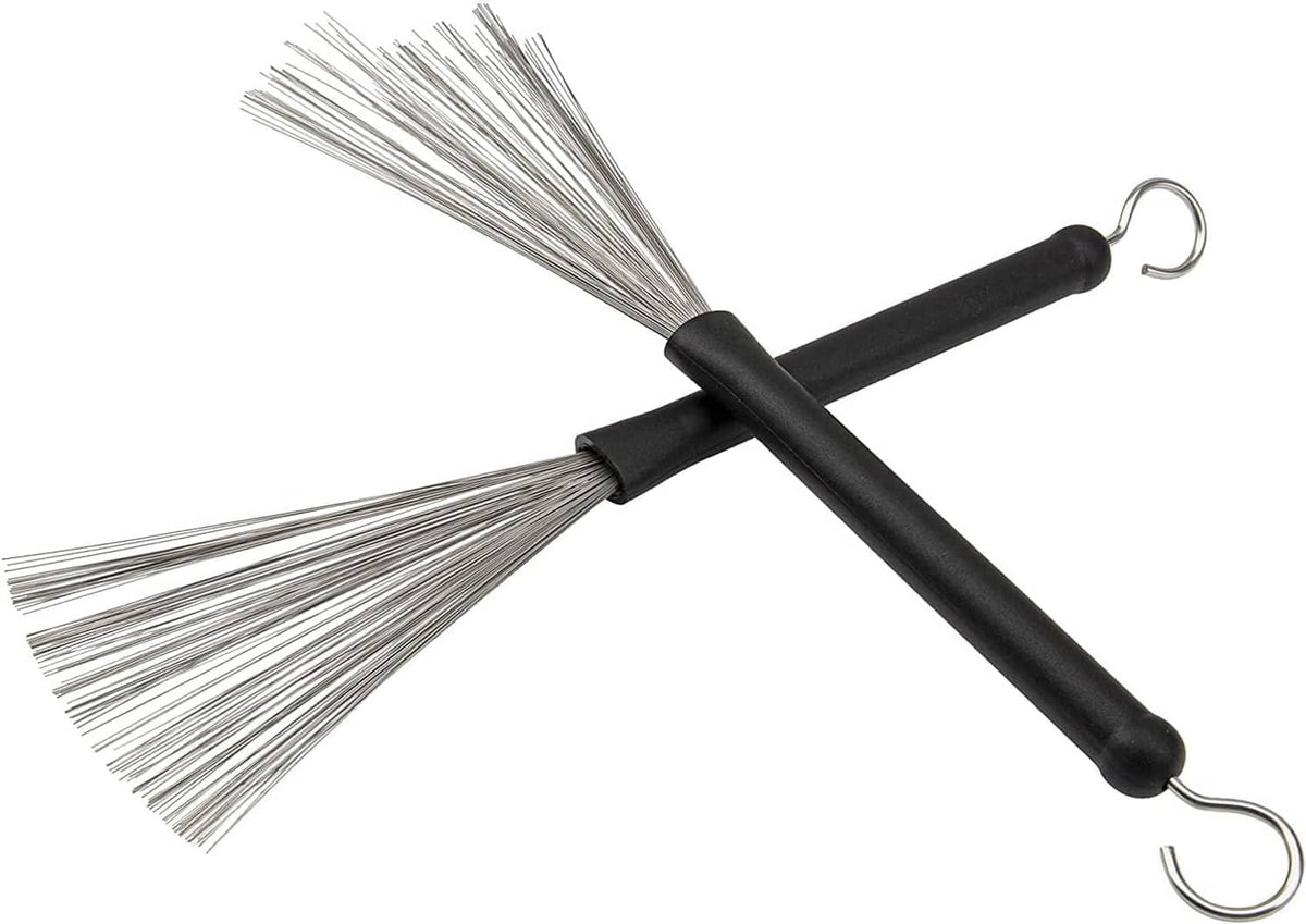 Retractable drum wire brush with black handle and steel bristles, metal loops