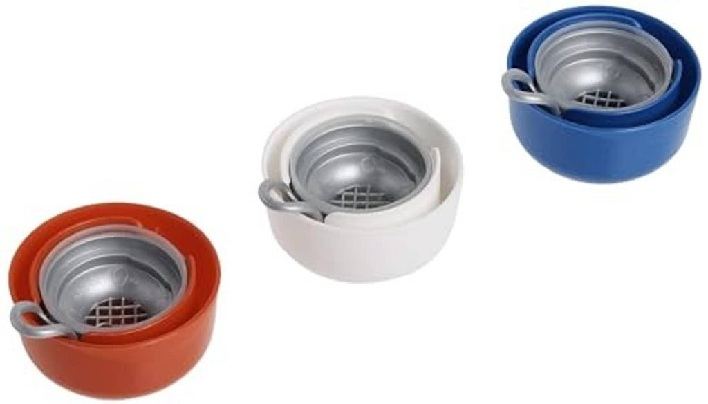 QuikTop can caps in orange and white, tops open to show internal strainer