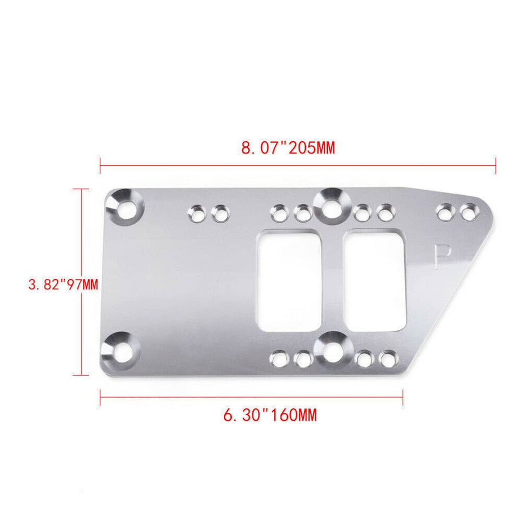 Engine motor mount adapter plate with measurements, mounting holes, and rectangular cutouts