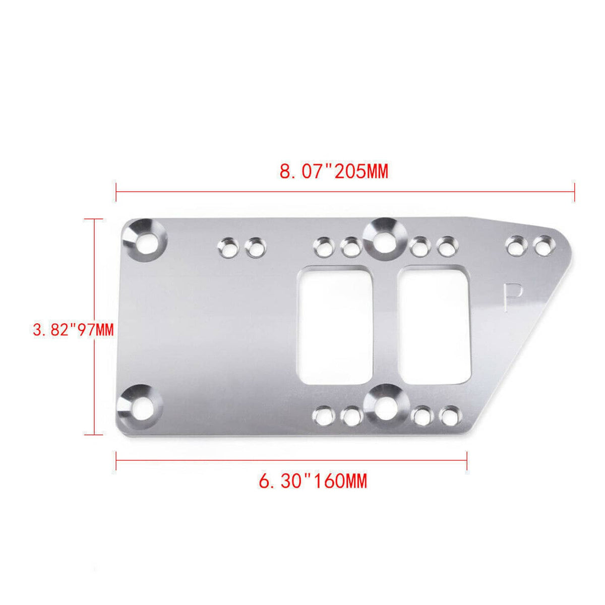 Engine motor mount adapter plate with measurements, mounting holes, and rectangular cutouts
