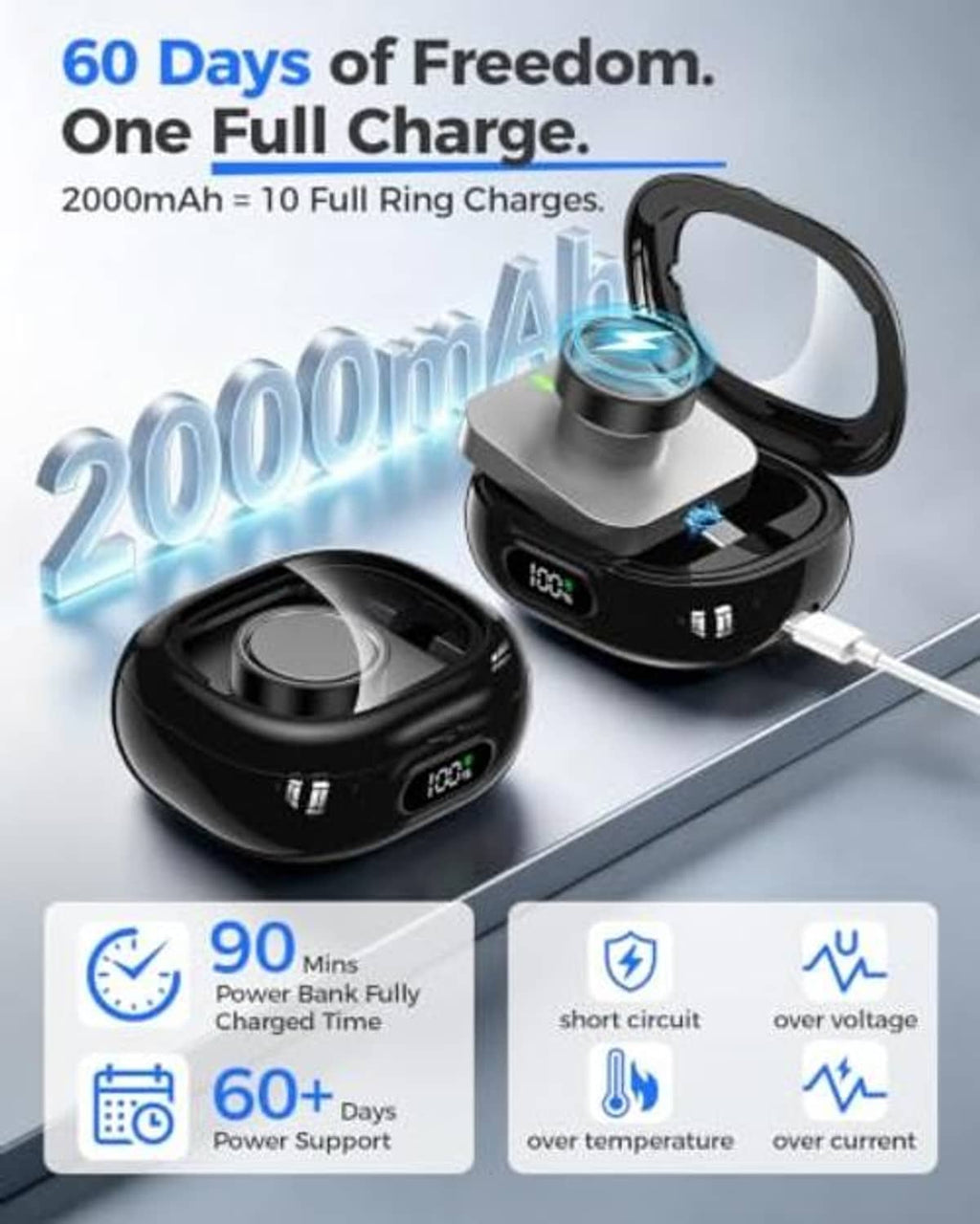 Black 2000mAh portable charging case with open compartment and LED battery readout