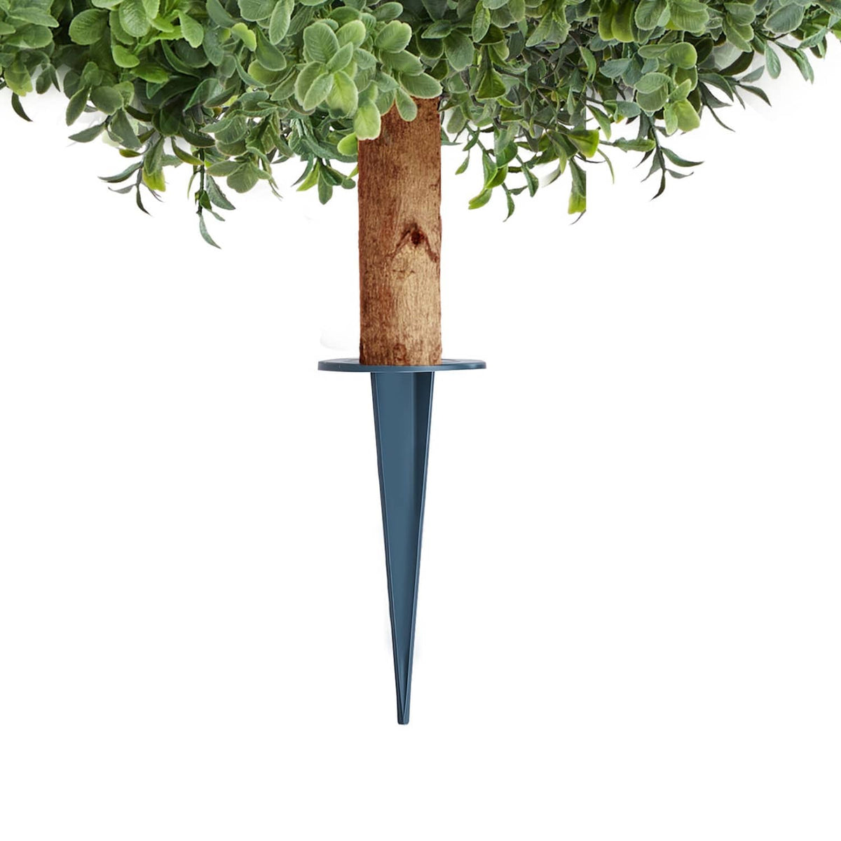 Artificial topiary tree trunk with dark ground spike under green leaf canopy