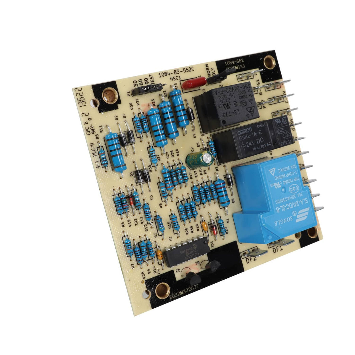 Defrost control circuit board with blue relays, capacitors, and ICs