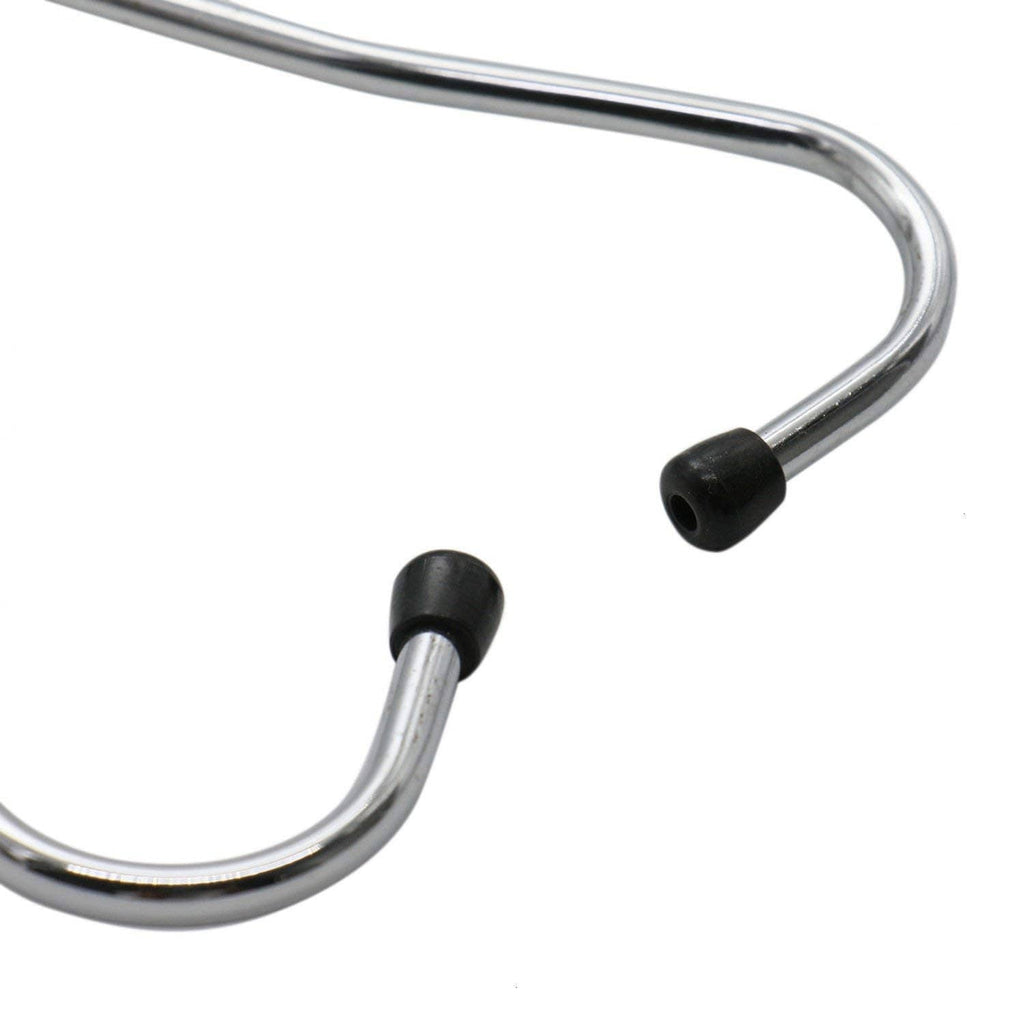 Silver stethoscope tubing with black ear tips and curved metal connector