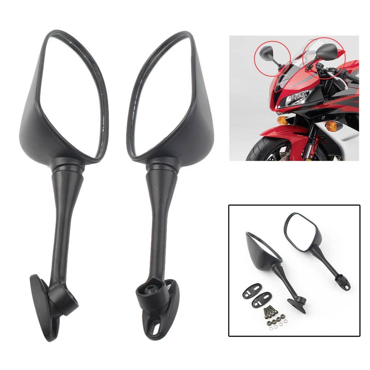 Black motorcycle side mirrors, clear glass, shown from front and side with mounting clips