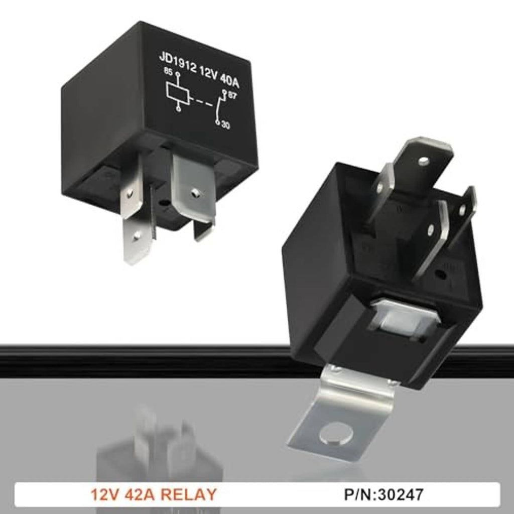 12V electric fuel pump relay with black housing, mounting bracket, and metal terminals