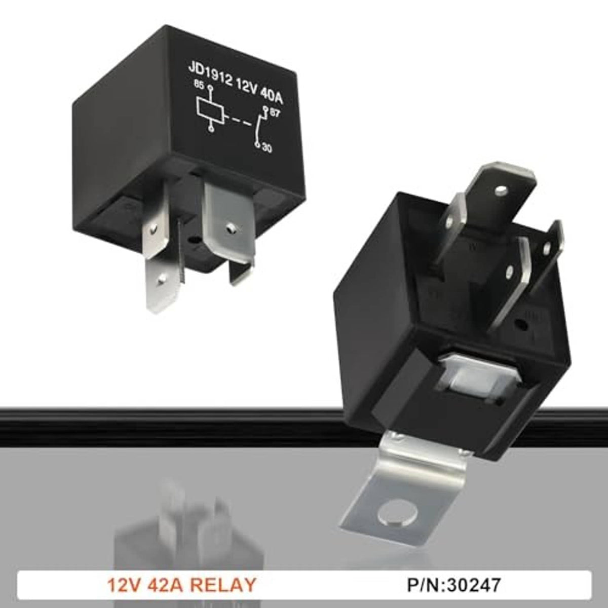 12V electric fuel pump relay with black housing, mounting bracket, and metal terminals