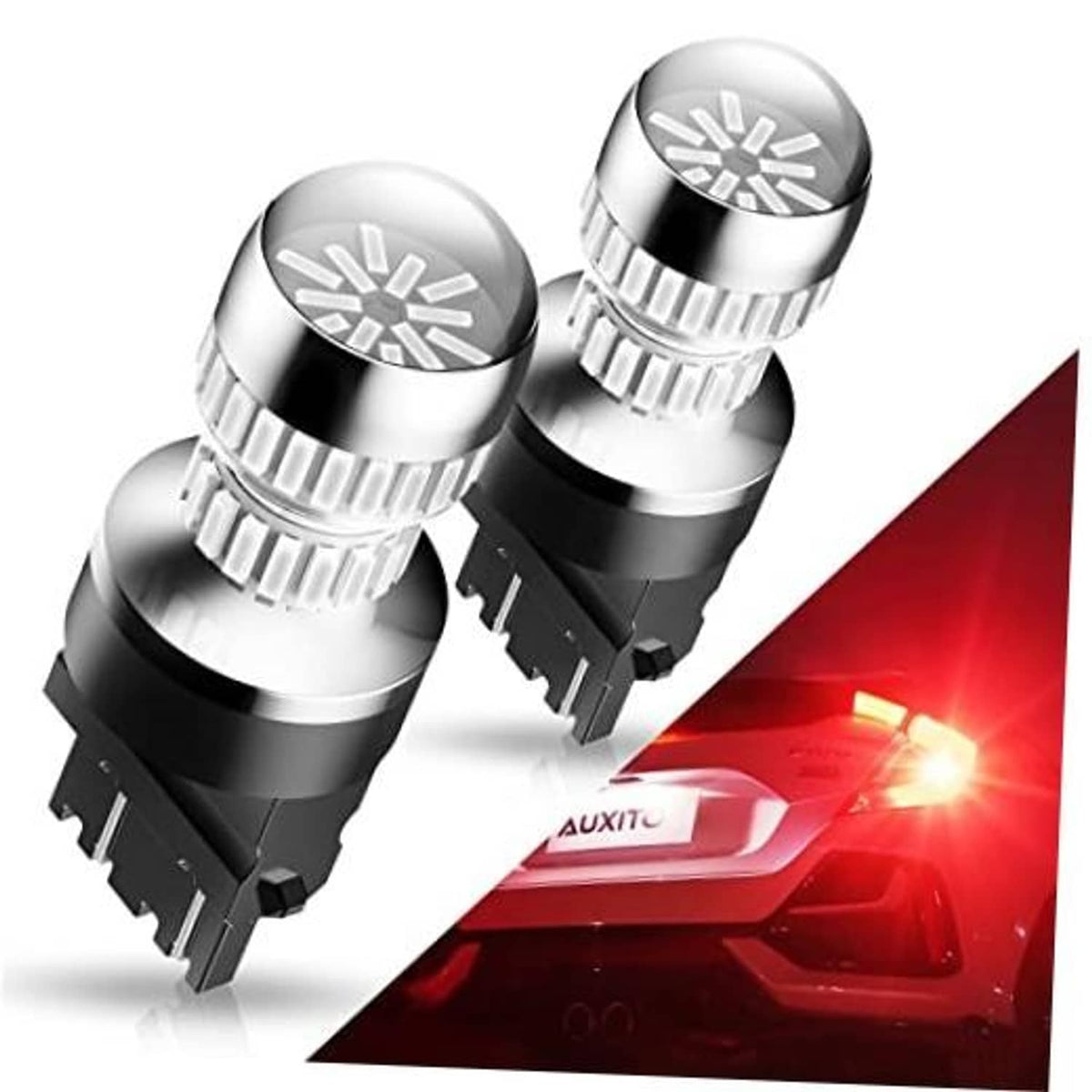 Red LED bulbs, pair of chrome housings with diode arrays, casting red light