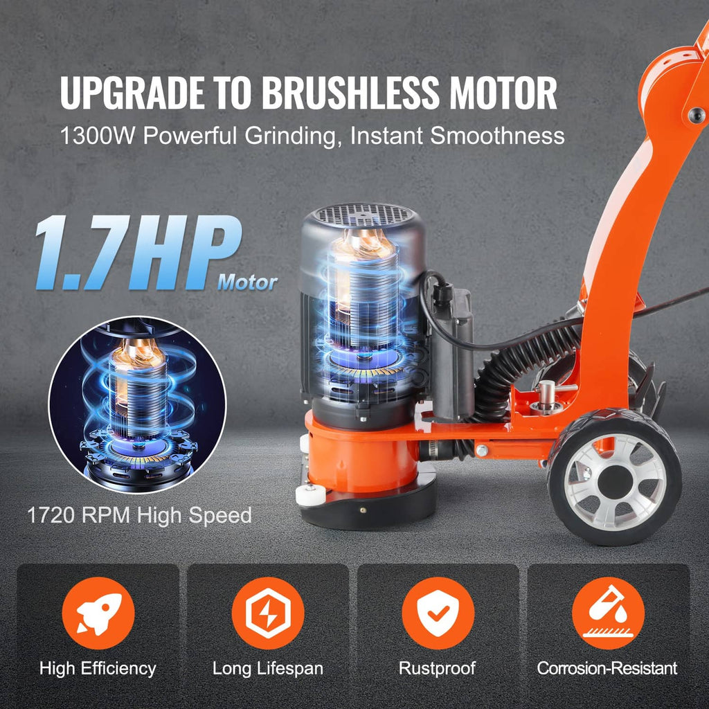 Orange 1.7HP walk-behind concrete grinder machine with motor housing and handle