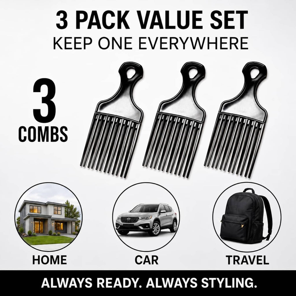 Set of three black afro pick hair combs with wide lift teeth