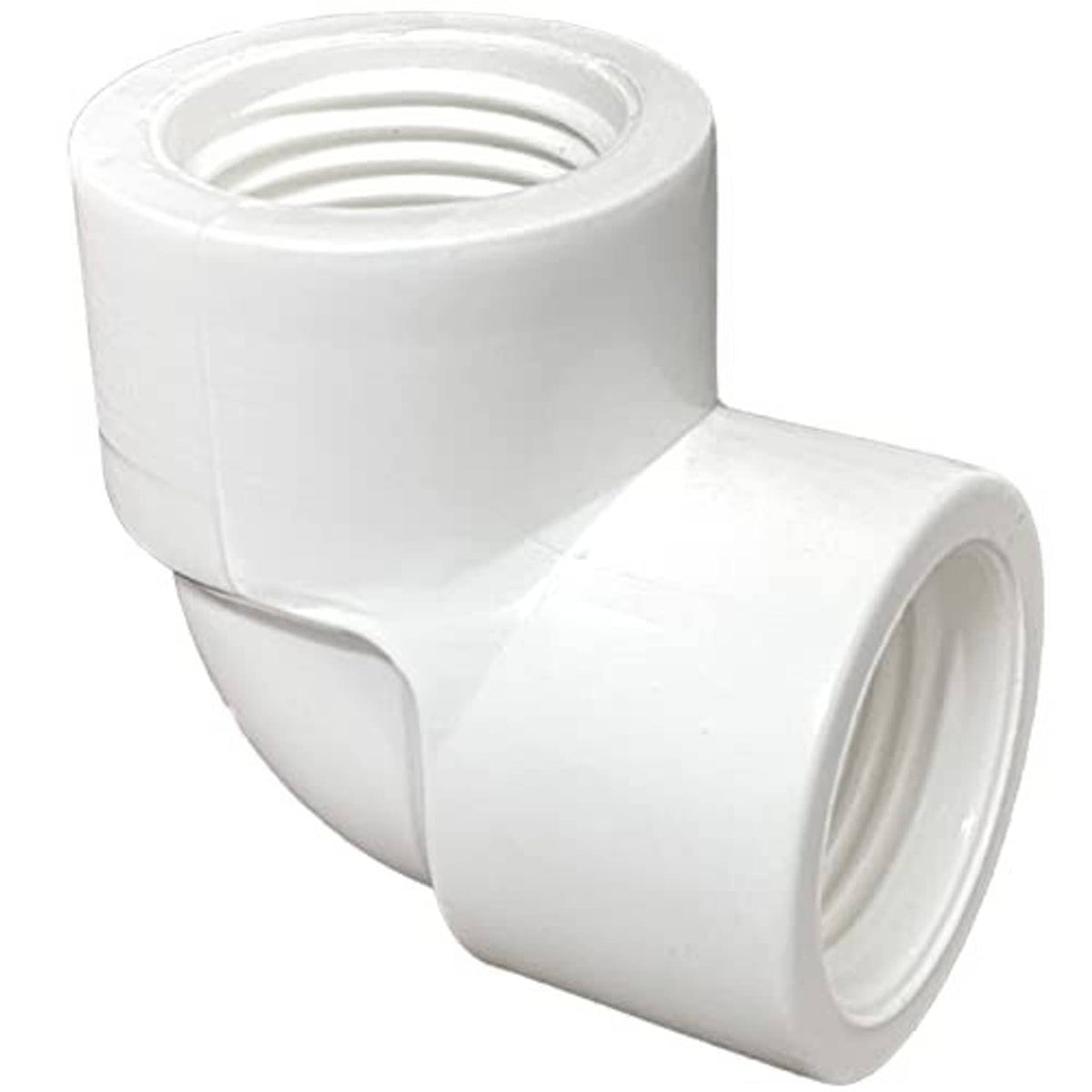 White PVC 90° elbow coupling with internal FIPT threads on both ends, 1-inch.