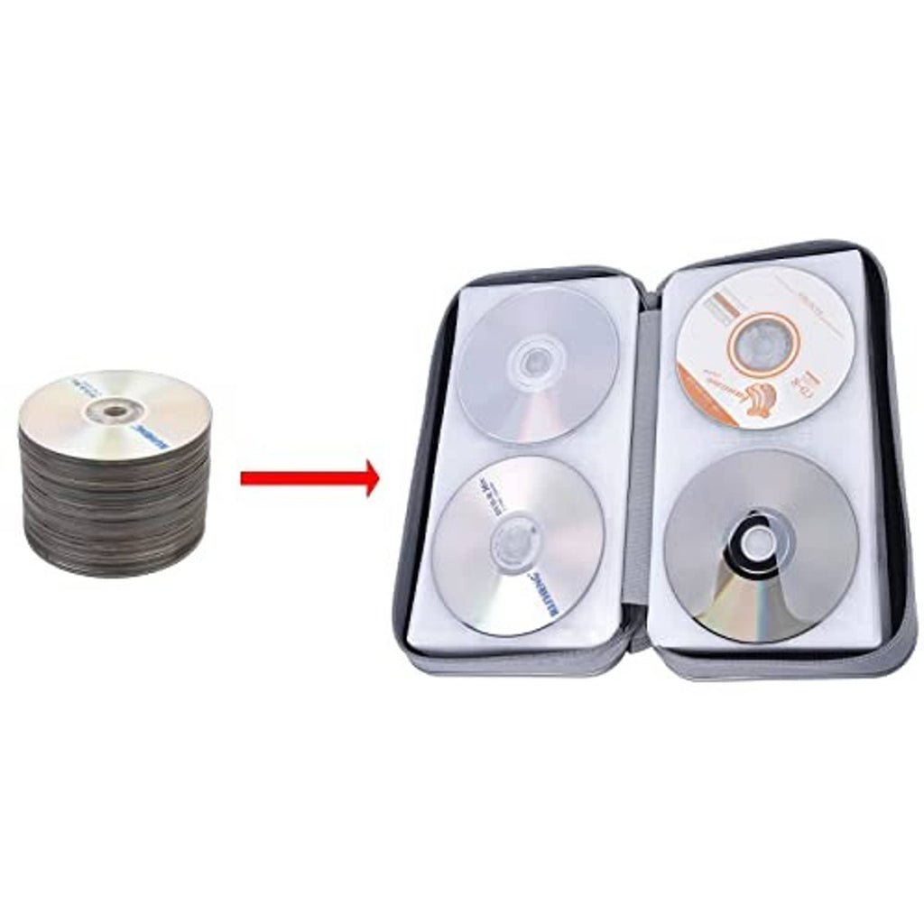 Black CD storage wallet open, showing multiple CDs fitted in two interior rows
