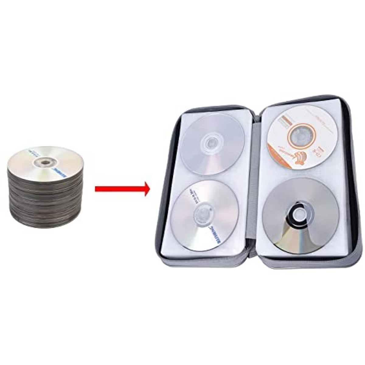 Black CD storage wallet open, showing multiple CDs fitted in two interior rows
