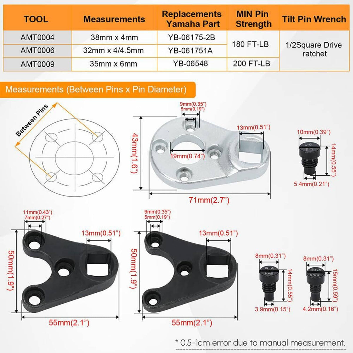 Trim tilt pin wrench sizing diagram with black pin wrenches and pin measurements
