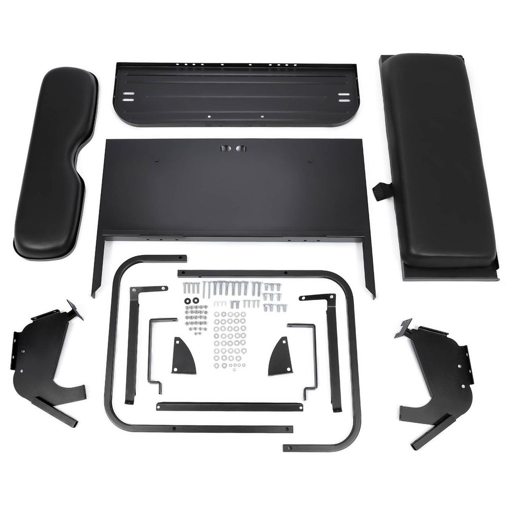 Black seat kit components with padded side bolsters, backrest, and mounting parts