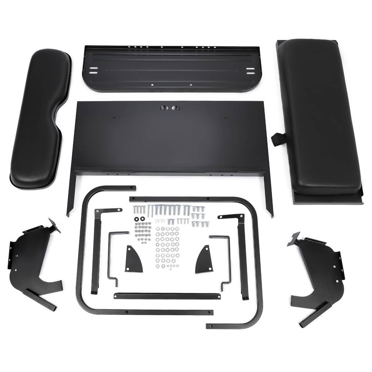 Black seat kit components with padded side bolsters, backrest, and mounting parts