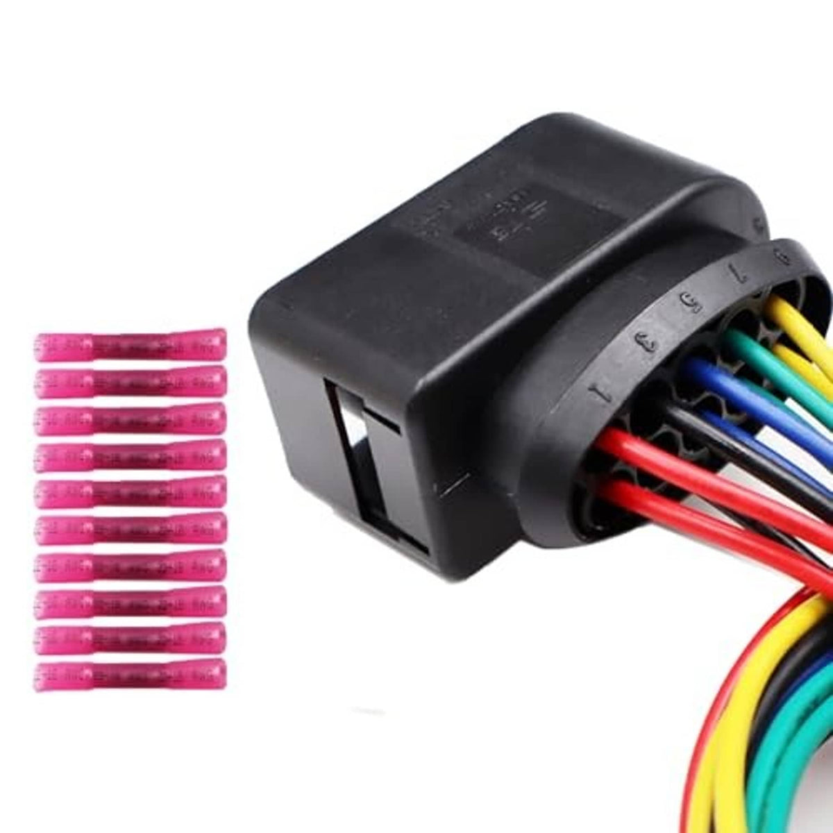 LIZAPUS 10-pin headlight connector housing with multicolor wire leads, side view